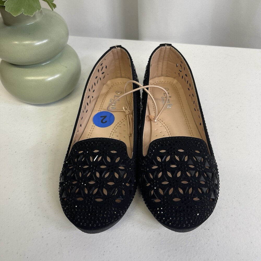 Girls Link Comfort Black Rhinestone Laser Cut Slip On Flats Loafers Size 2